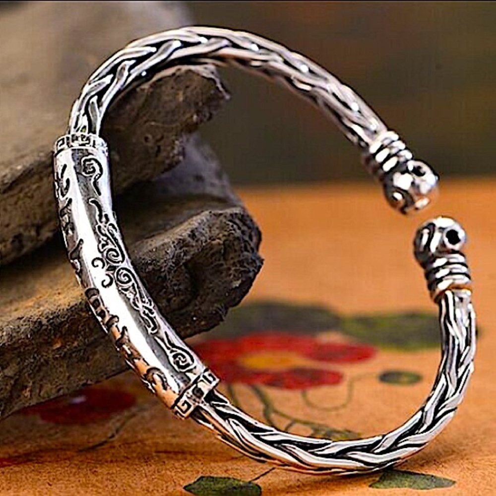 Sterling Silver Tibetan Buddhist Vintage Chinese Cuff Bangle Bracelet